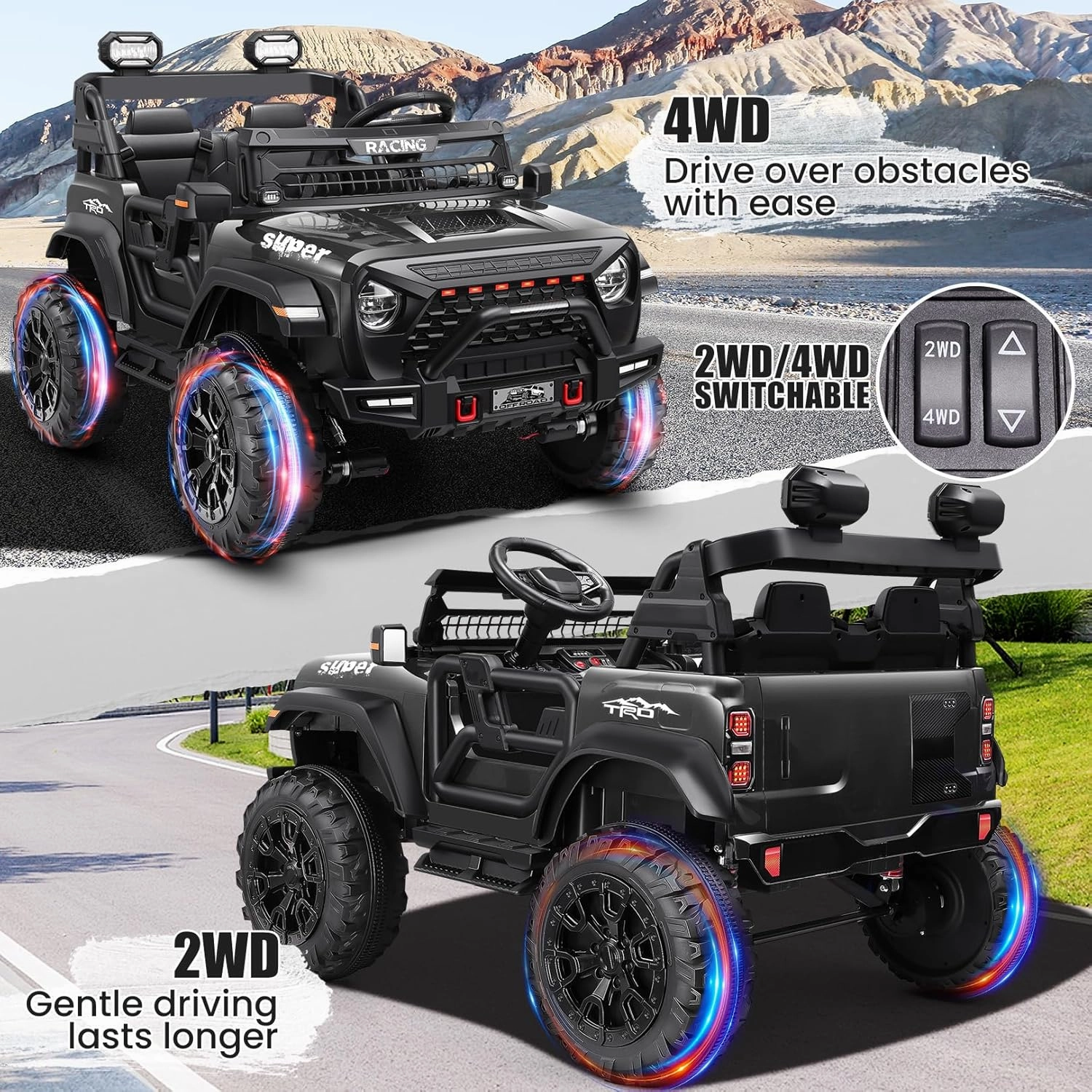 Hikole 24V Ride on Car with Remote Control, 2 Seater Electric Car for Kids w/20 Inch Wide Seat, 4x100W Motor, LED Headlight & Music Player, Power Car Wheels Ride on Toys for Boys Girls, Black