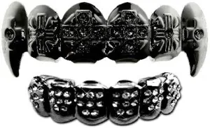 Hip Hop Gun Metal Hematite Vampire Fangs Teeth Grillz Set Crucifix