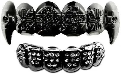 Hip Hop Gun Metal Hematite Vampire Fangs Teeth Grillz Set Crucifix