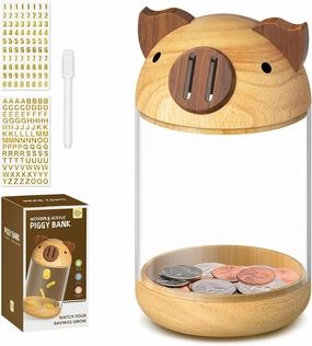 hizgo Wooden Piggy Bank for Kids Adults, Clear Savings Jar for Boys and Girls, Unbreakable Money Coin Bank for Kids Birthday