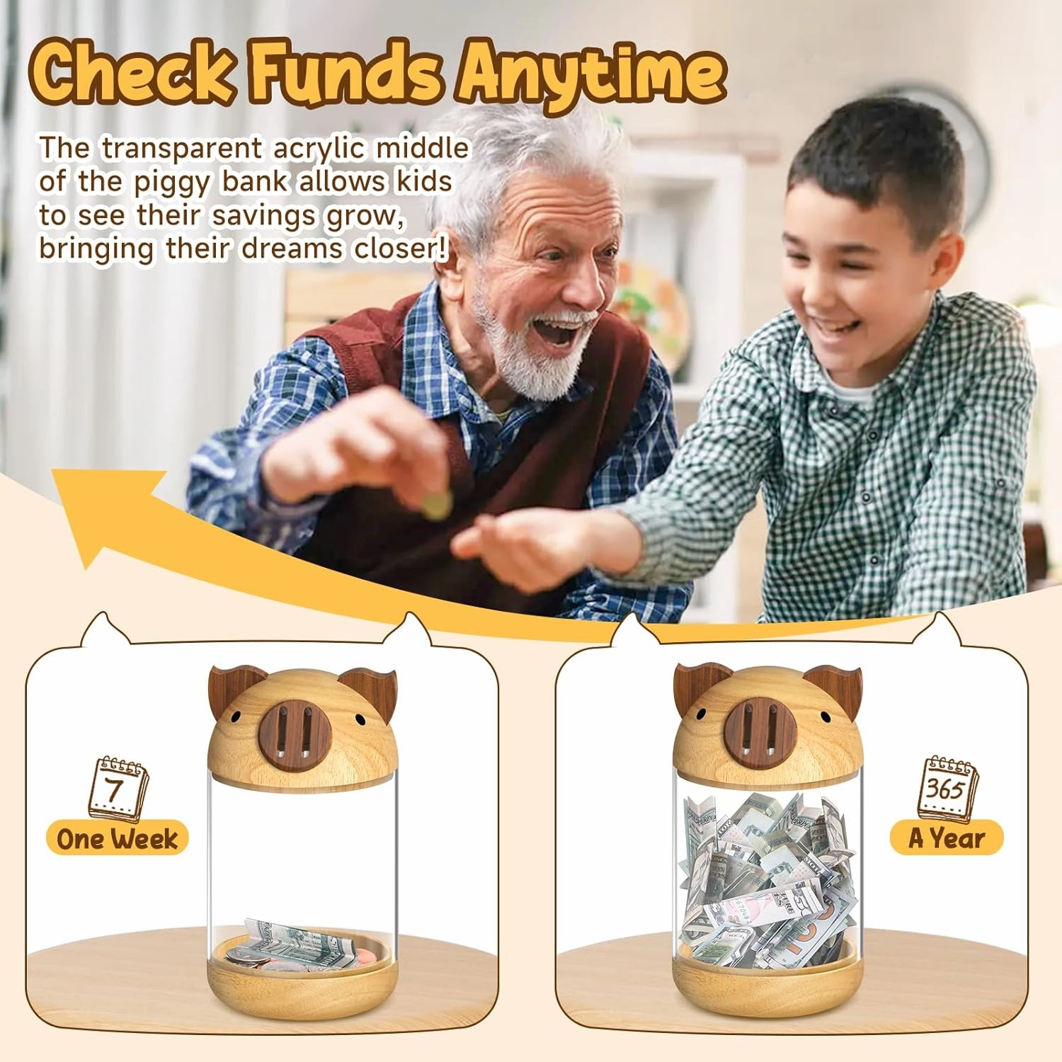 hizgo Wooden Piggy Bank for Kids Adults, Clear Savings Jar for Boys and Girls, Unbreakable Money Coin Bank for Kids Birthday