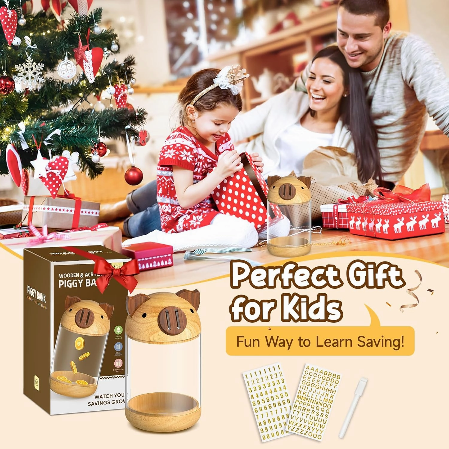 hizgo Wooden Piggy Bank for Kids Adults, Clear Savings Jar for Boys and Girls, Unbreakable Money Coin Bank for Kids Birthday