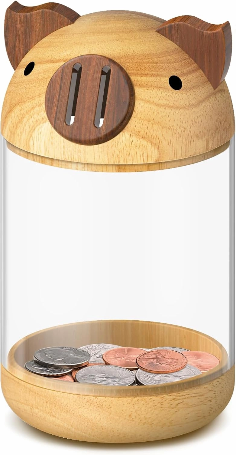 hizgo Wooden Piggy Bank for Kids Adults, Clear Savings Jar for Boys and Girls, Unbreakable Money Coin Bank for Kids Birthday