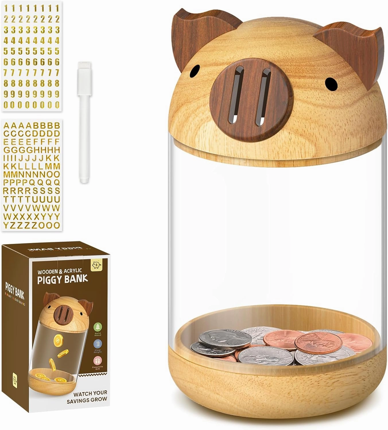 hizgo Wooden Piggy Bank for Kids Adults, Clear Savings Jar for Boys and Girls, Unbreakable Money Coin Bank for Kids Birthday