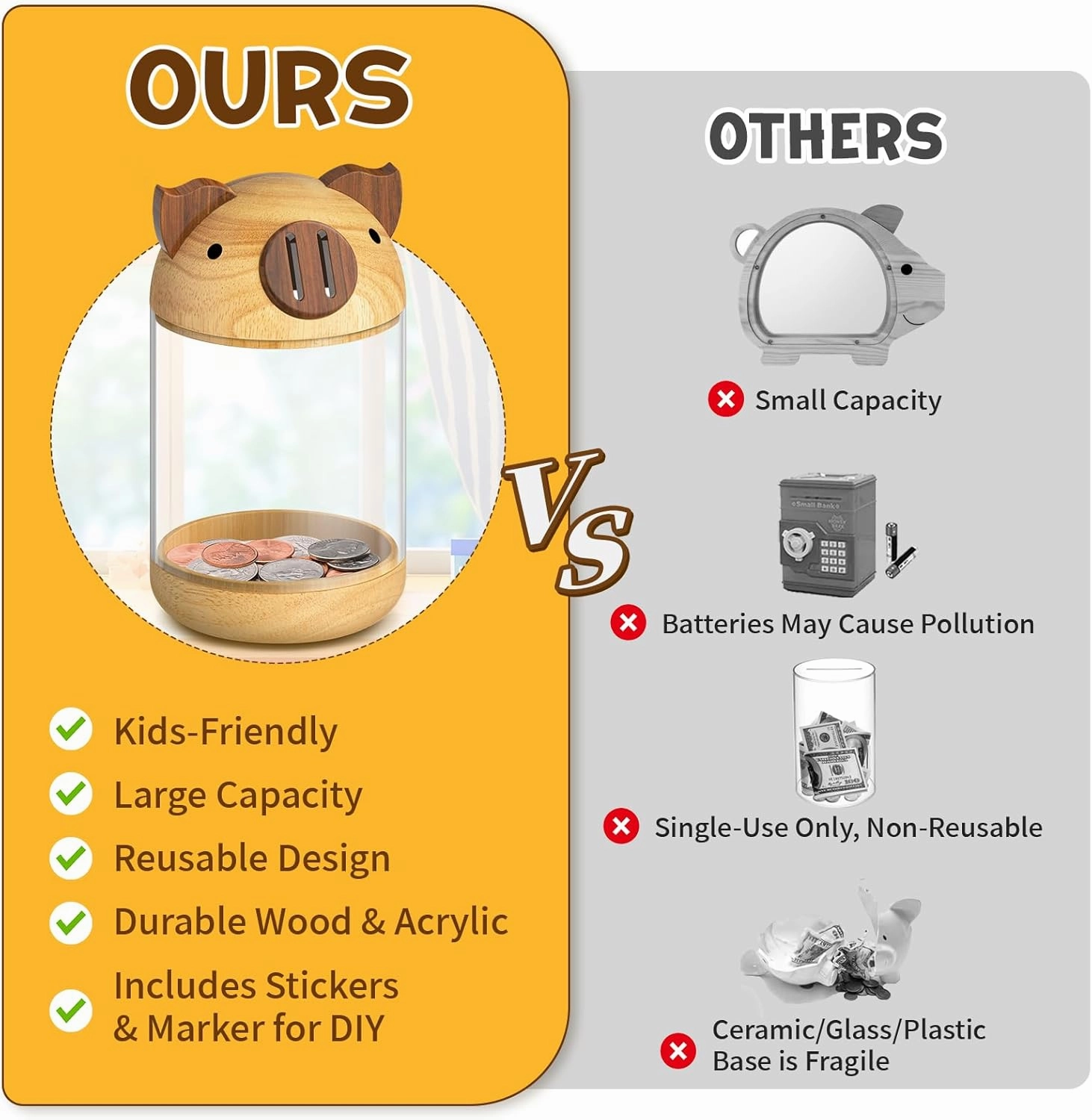 hizgo Wooden Piggy Bank for Kids Adults, Clear Savings Jar for Boys and Girls, Unbreakable Money Coin Bank for Kids Birthday