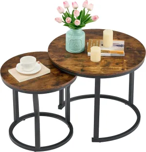 Hoctieon Nesting Coffee Tables, Round Nesting Tables Set of 2, End Tables, Stacking Nesting Tables for Living Room, Circle Coffee Tables, Side Tables Wooden Table Top, Rustic Brown