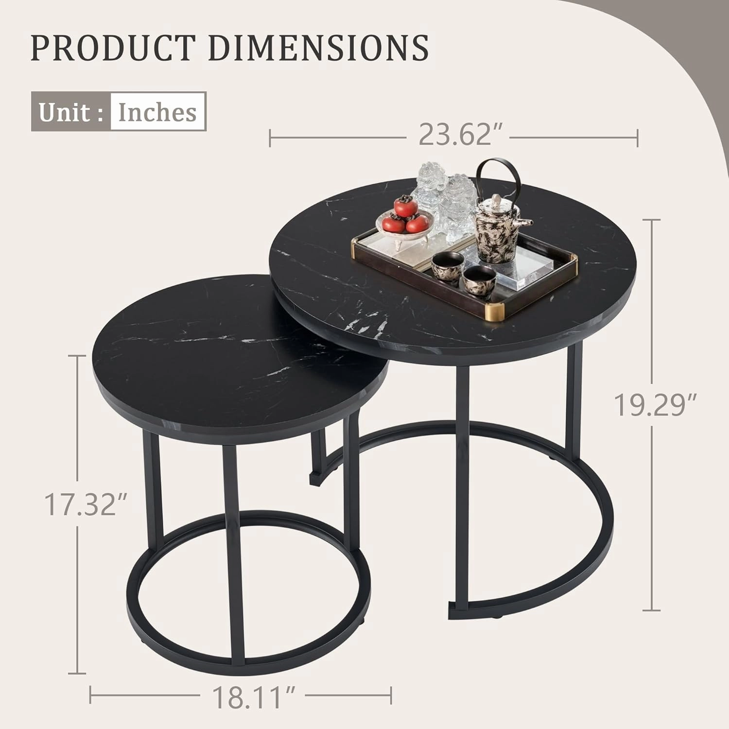 Hoctieon Nesting Coffee Tables, Round Nesting Tables Set of 2, End Tables, Stacking Nesting Tables for Living Room, Circle Coffee Tables, Side Tables Wooden Table Top, Black