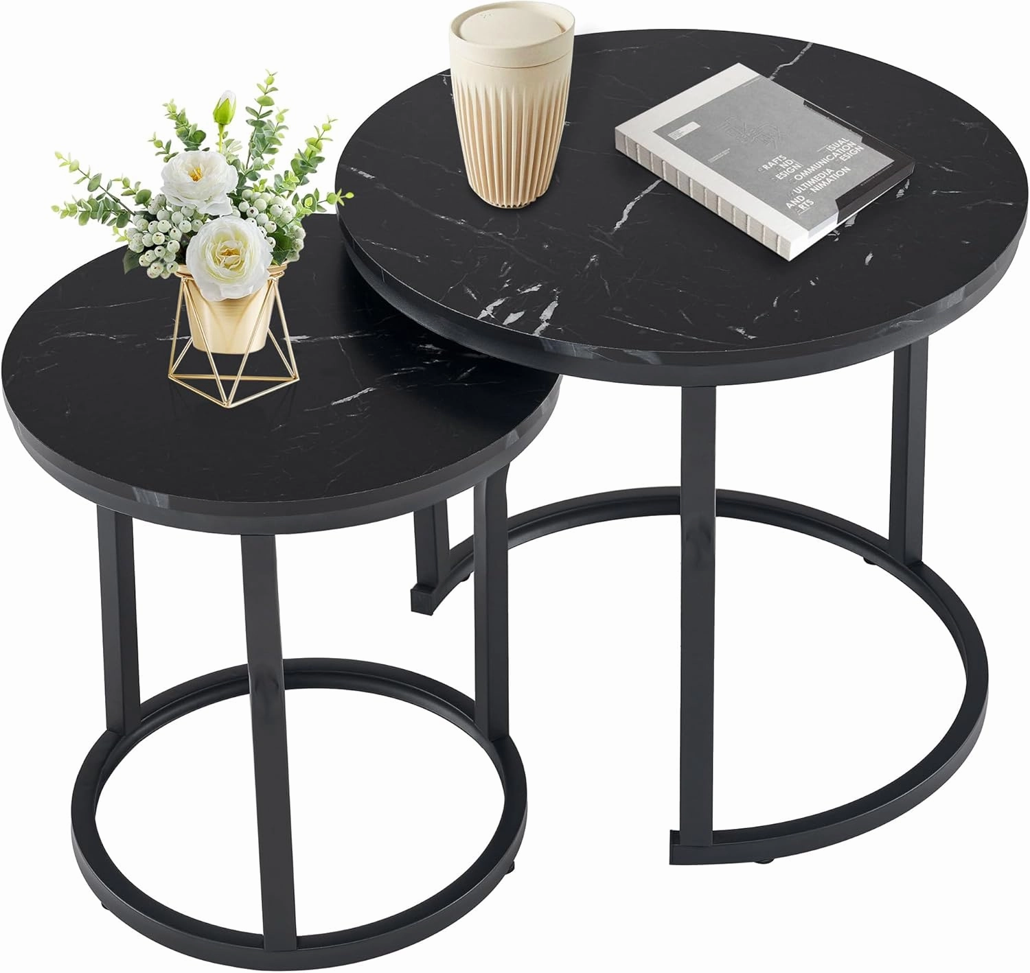 Hoctieon Nesting Coffee Tables, Round Nesting Tables Set of 2, End Tables, Stacking Nesting Tables for Living Room, Circle Coffee Tables, Side Tables Wooden Table Top, Black
