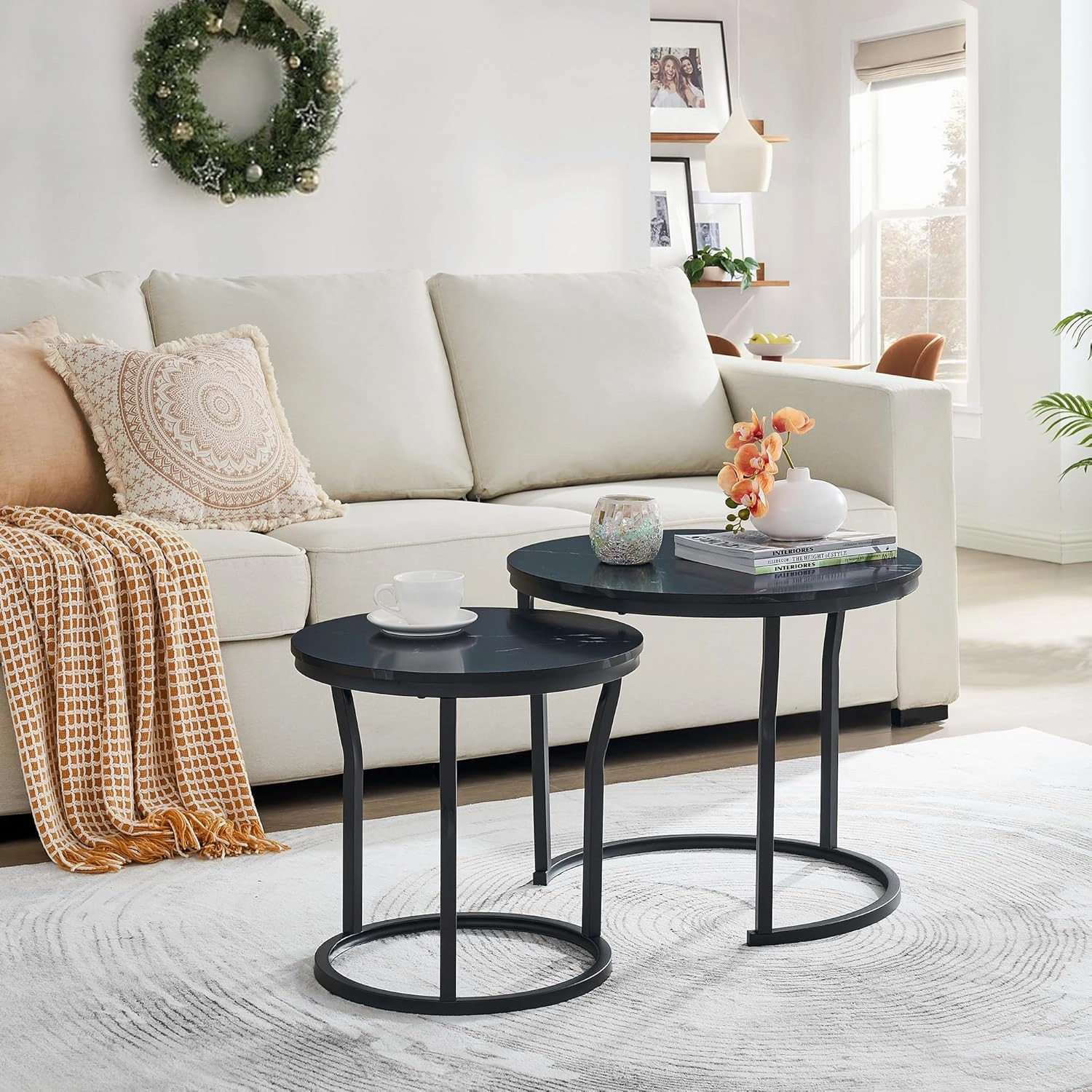 Hoctieon Nesting Coffee Tables, Round Nesting Tables Set of 2, End Tables, Stacking Nesting Tables for Living Room, Circle Coffee Tables, Side Tables Wooden Table Top, Black