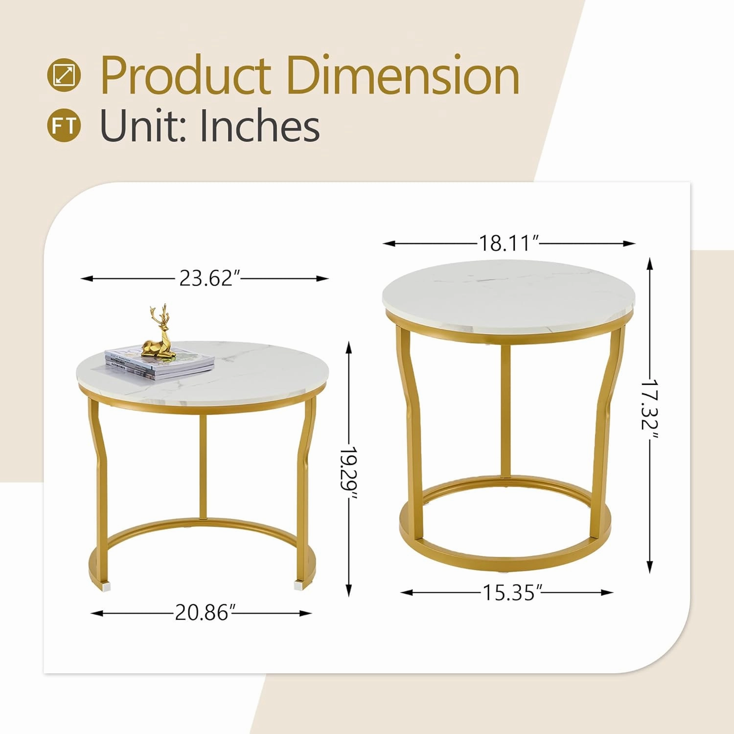 Hoctieon Nesting Coffee Tables, Round Nesting Tables Set of 2, End Tables, Stacking Nesting Tables for Living Room, Circle Coffee Tables, Side Tables Wooden Table Top, Gold&White