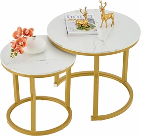 Hoctieon Nesting Coffee Tables, Round Nesting Tables Set of 2, End Tables, Stacking Nesting Tables for Living Room, Circle Coffee Tables, Side Tables Wooden Table Top, Gold&White