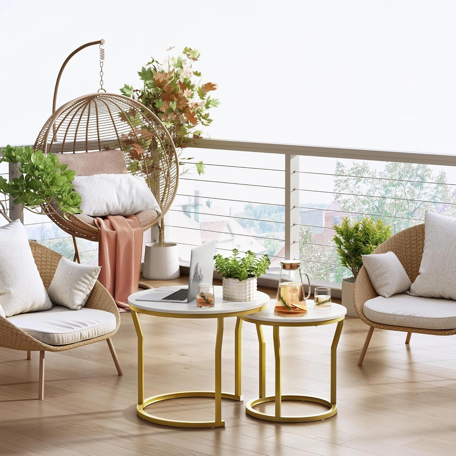 Hoctieon Nesting Coffee Tables, Round Nesting Tables Set of 2, End Tables, Stacking Nesting Tables for Living Room, Circle Coffee Tables, Side Tables Wooden Table Top, Gold&White