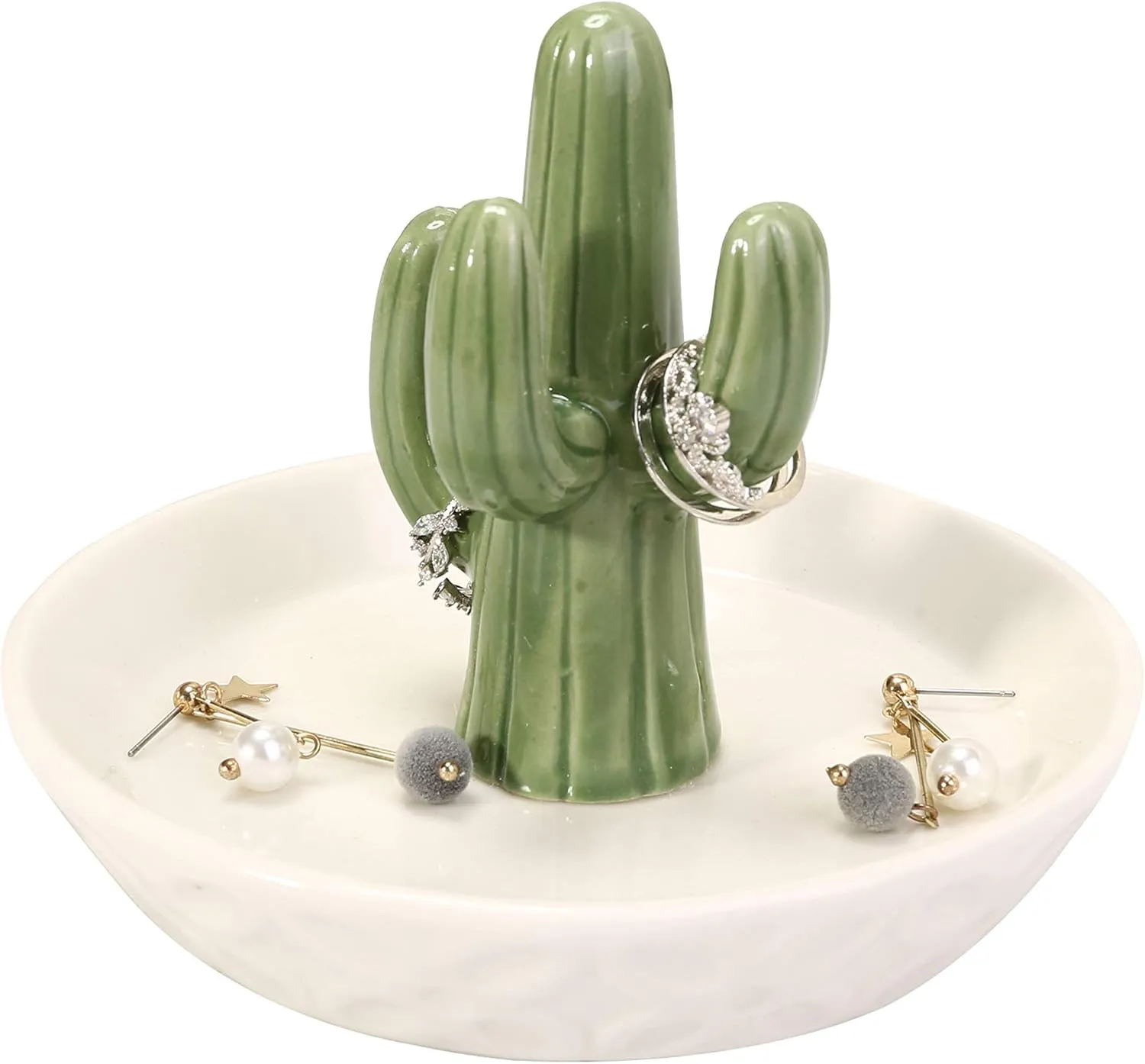 HOME SMILE Ceramic Cactus Ring Holder with Derorative White Dish for Jewelry,Christmas Birthday Gifts for Women