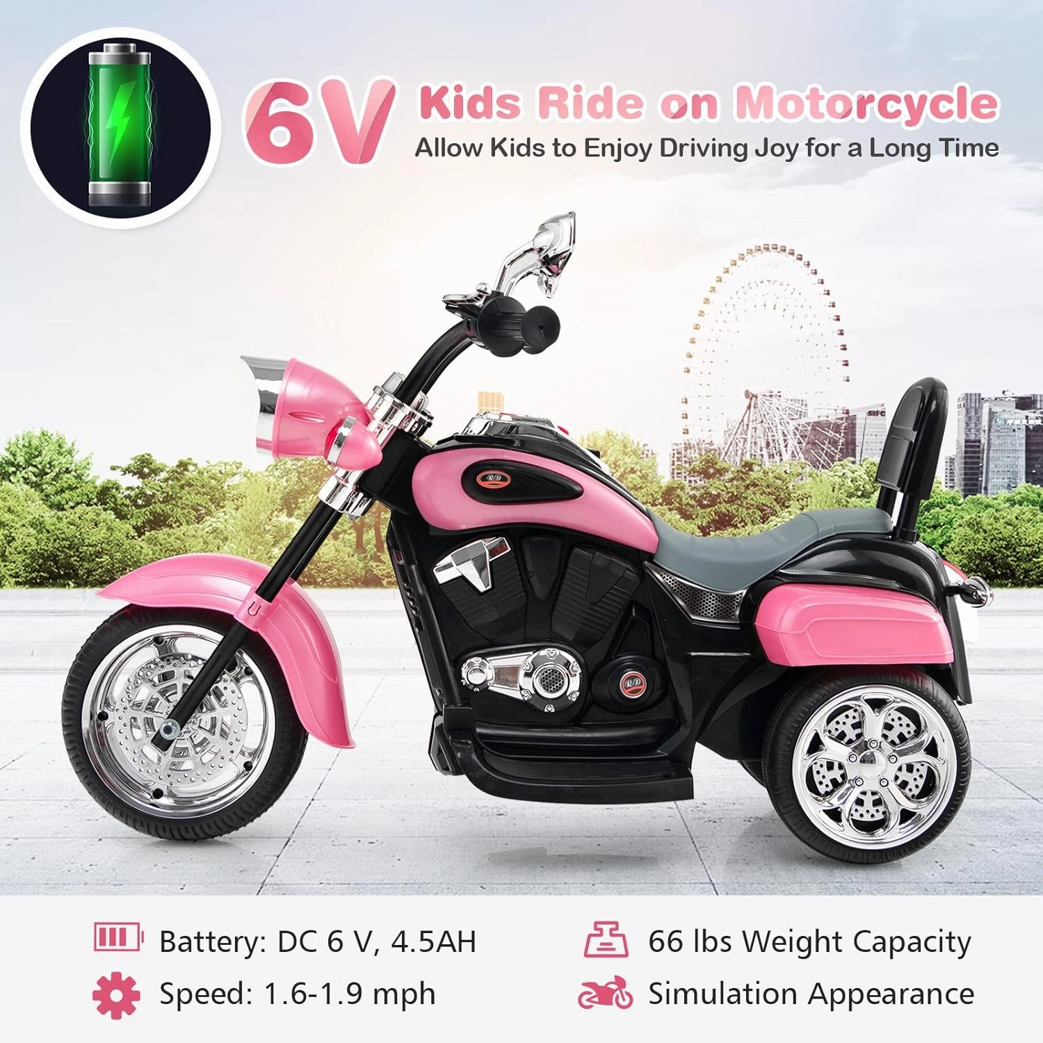 HONEY JOY Pink Kids Motorcycle, 6V Battery Powered Toddler Chopper Motorbike Ride On Toy w/Horn & Headlight, Foot Pedal, 3-Wheel Mini Electric Motorcycle for Kids, Gift for Boys Girls(Pink)