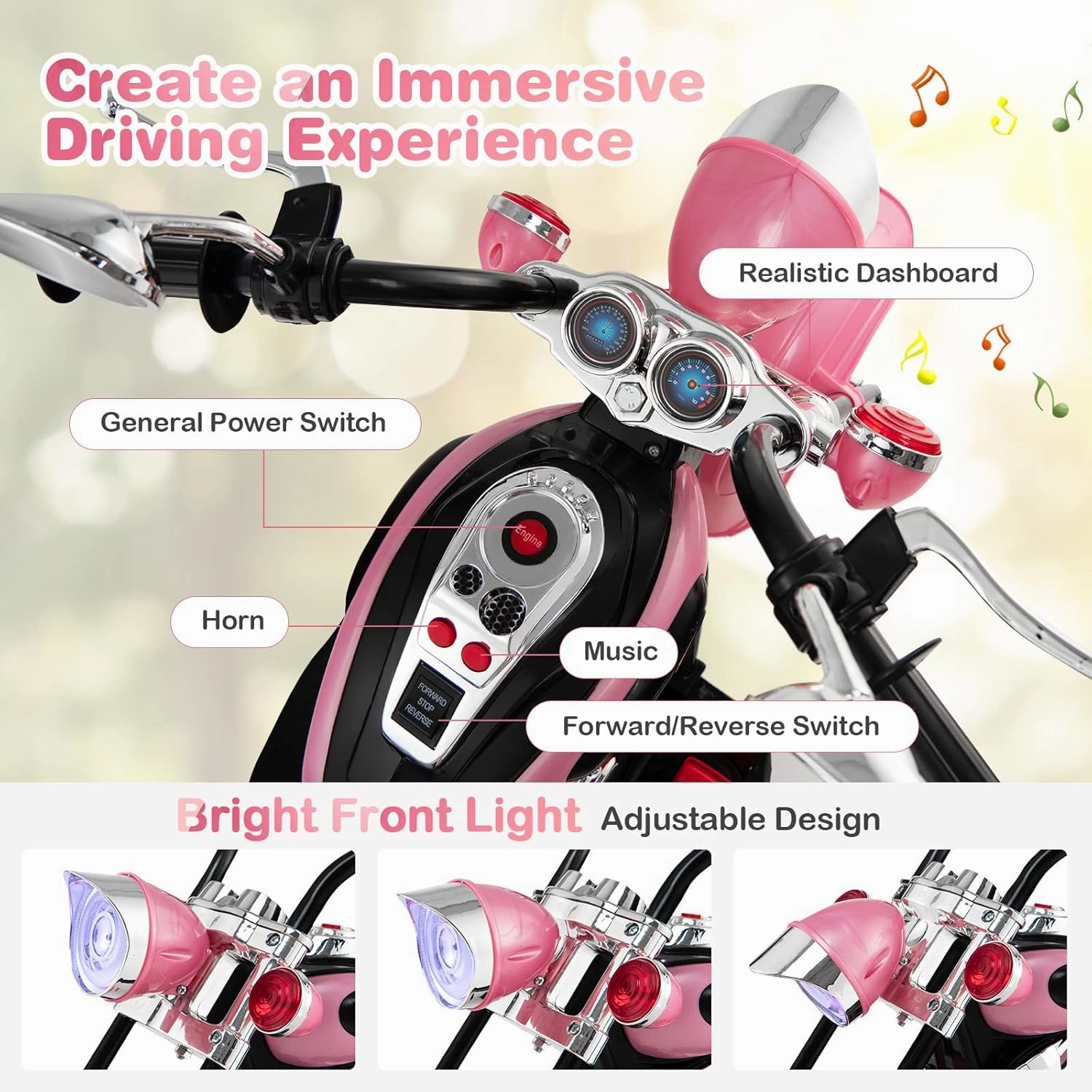 HONEY JOY Pink Kids Motorcycle, 6V Battery Powered Toddler Chopper Motorbike Ride On Toy w/Horn & Headlight, Foot Pedal, 3-Wheel Mini Electric Motorcycle for Kids, Gift for Boys Girls(Pink)