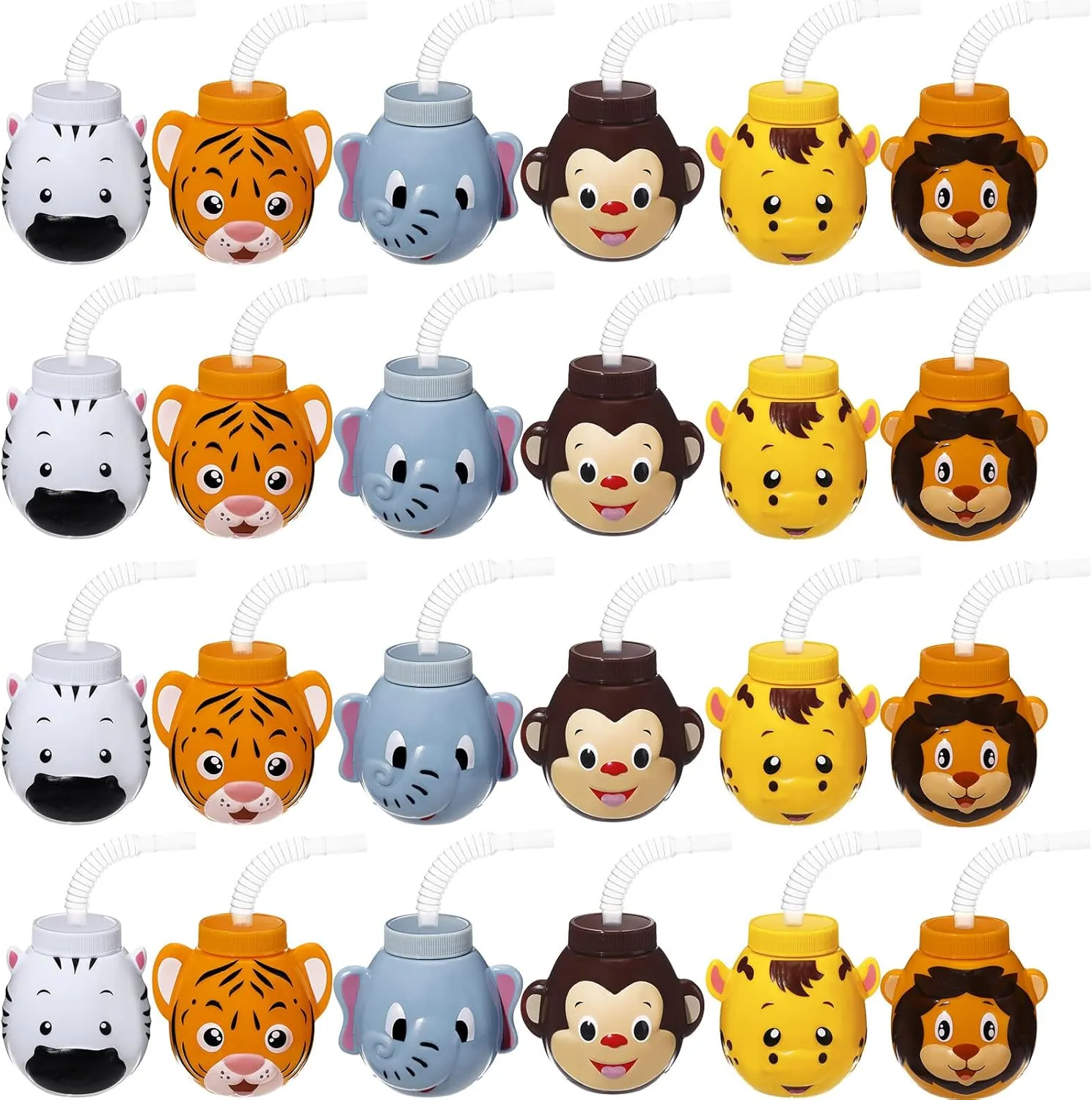 Hoolerry 24 Sets Zoo Animal Cups with Straws and Lids, 10 oz Plastic Reusable Safari Jungle Animal Theme Kids Cups for Safari Birthday Party Supplies