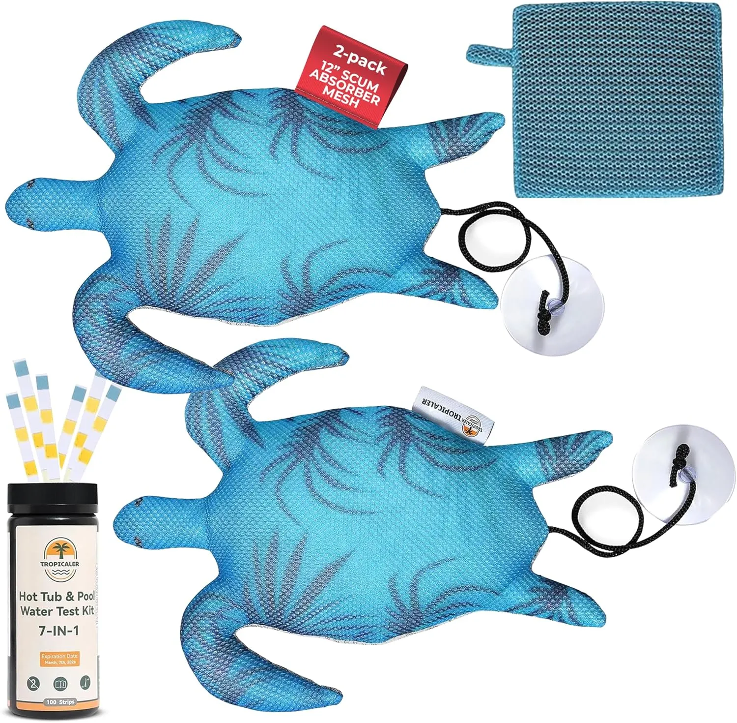 Hot Tub Scum Absorber Turtle ScumGuard Mesh - 2-Pack Oil & Scum Absorber for Spa, Hot Tub & Pool - Keeps Water Clear - Includes 100 x Hot Tub Test Strips & 2 Washable Turtle Absorbers