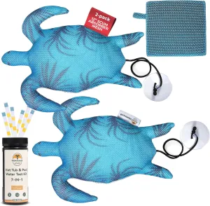 Hot Tub Scum Absorber Turtle ScumGuard Mesh - 2-Pack Oil & Scum Absorber for Spa, Hot Tub & Pool - Keeps Water Clear - Includes 100 x Hot Tub Test Strips & 2 Washable Turtle Absorbers