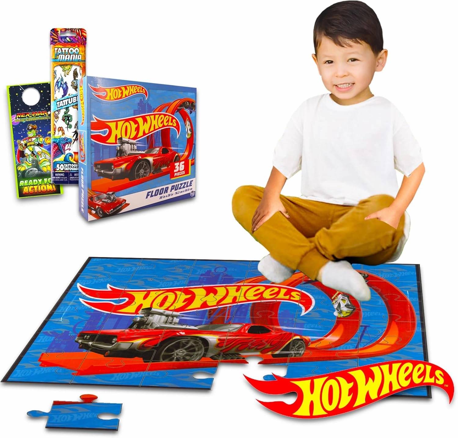 Hot Wheels Puzzle Bundle - Hot Wheels Floor Jigsaw Puzzle with 36 Pc Plus Stickers for Kids Children Adults | Hot Wheels Party Supplies