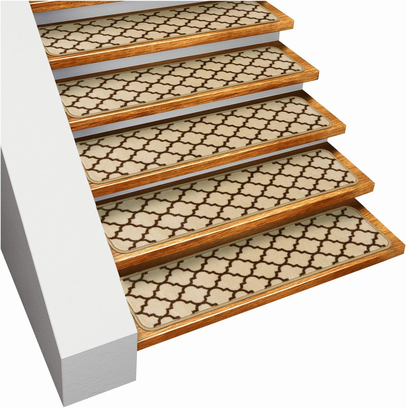 House, Home and More Set of 15 Skid-Resistant Carpet Stair Treads – Moroccan Trellis Lattice – Vanilla Cream & Coffee Brown – 9 Inches X 36 Inches