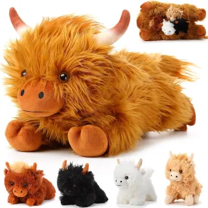 HyDren 5 Pcs Highland Cows Stuffed Animal 13.78 Inch Mommy Highland Cow Plush with 4 Little Babies Soft Plush Toy Set for Boys and Girls Birthday Party Favors (Lying Style)
