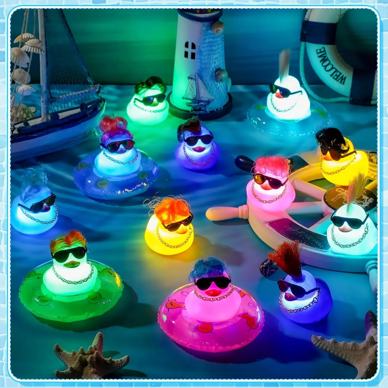 HyDren 50 Pcs Light Up Rubber Ducks Bulk Small Cute Ducks Operation Christmas Bath with Wig up Funny Shower Ducks for Boys Girls Birthday Holiday Pool Party Favors (Vivid Colors)