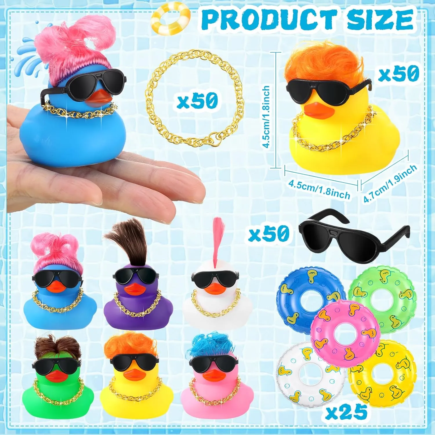 HyDren 50 Pcs Light Up Rubber Ducks Bulk Small Cute Ducks Operation Christmas Bath with Wig up Funny Shower Ducks for Boys Girls Birthday Holiday Pool Party Favors (Vivid Colors)