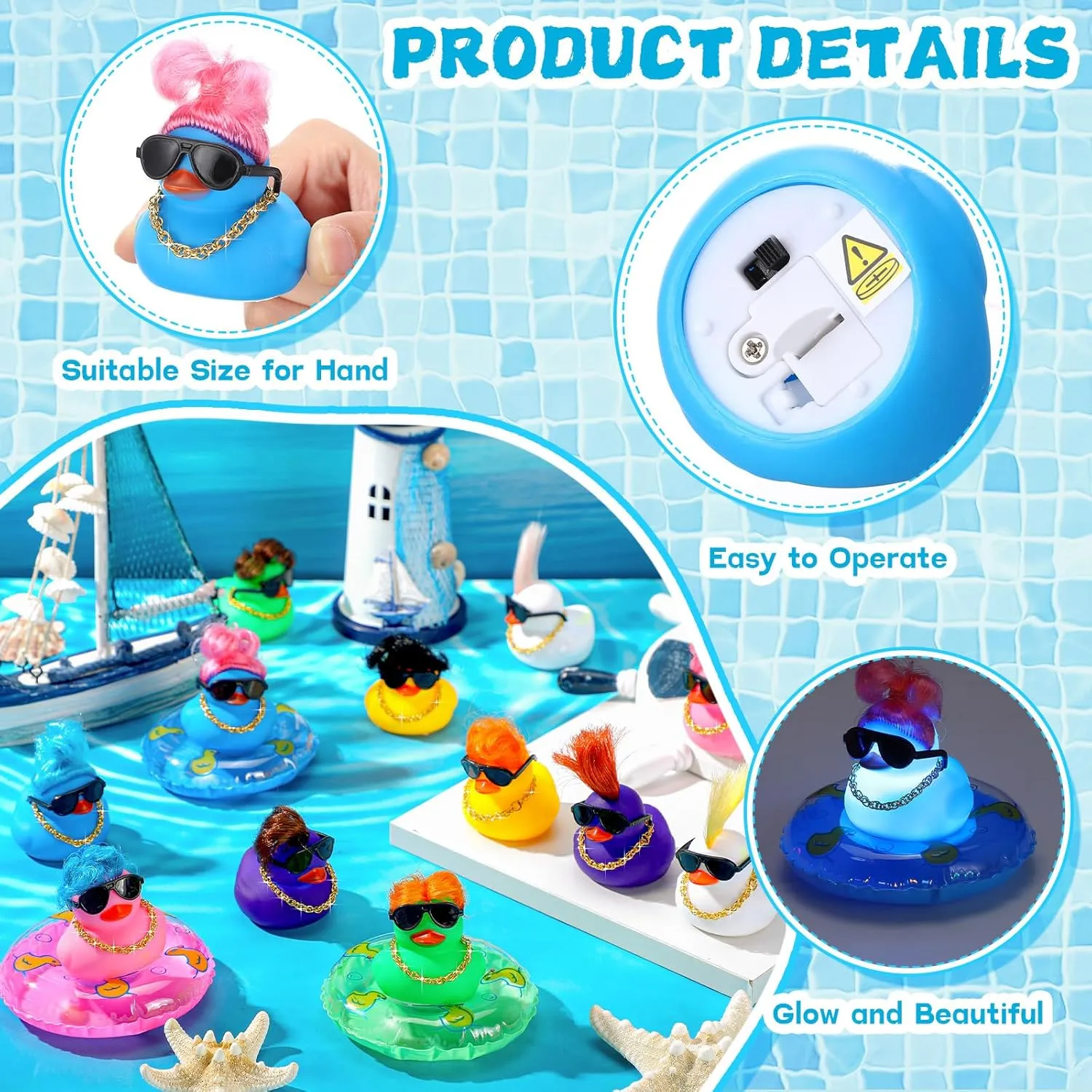 HyDren 50 Pcs Light Up Rubber Ducks Bulk Small Cute Ducks Operation Christmas Bath with Wig up Funny Shower Ducks for Boys Girls Birthday Holiday Pool Party Favors (Vivid Colors)