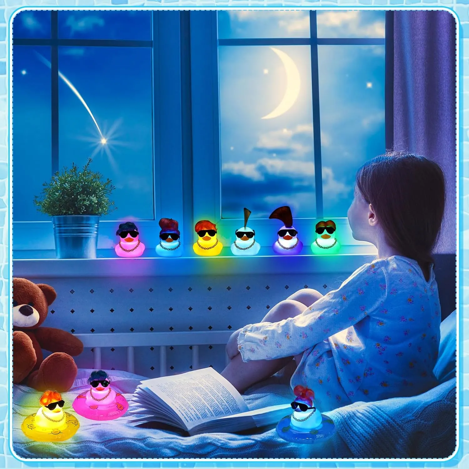 HyDren 50 Pcs Light Up Rubber Ducks Bulk Small Cute Ducks Operation Christmas Bath with Wig up Funny Shower Ducks for Boys Girls Birthday Holiday Pool Party Favors (Vivid Colors)