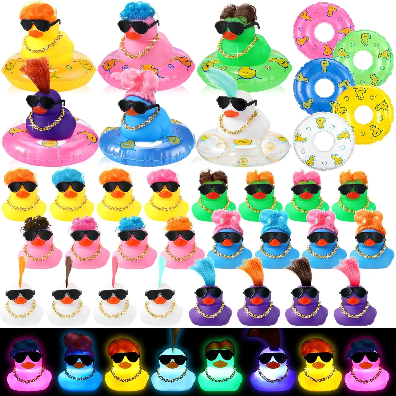 HyDren 50 Pcs Light Up Rubber Ducks Bulk Small Cute Ducks Operation Christmas Bath with Wig up Funny Shower Ducks for Boys Girls Birthday Holiday Pool Party Favors (Vivid Colors)