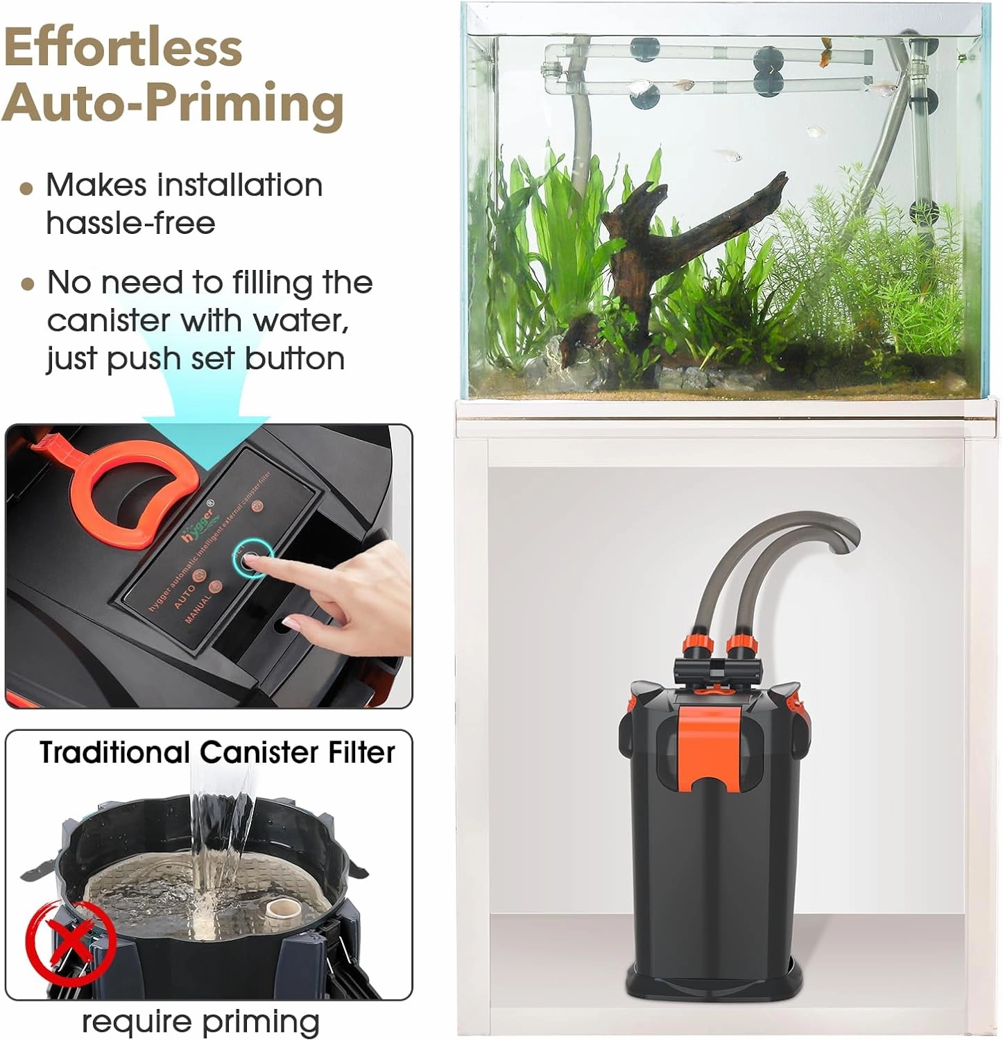 hygger Quiet Self-Priming Canister Filter with Foam Ceramic Rings External Fish Tank Filter for 10-30 Gallon Freshwater Saltwater Aquarium 211 GPH