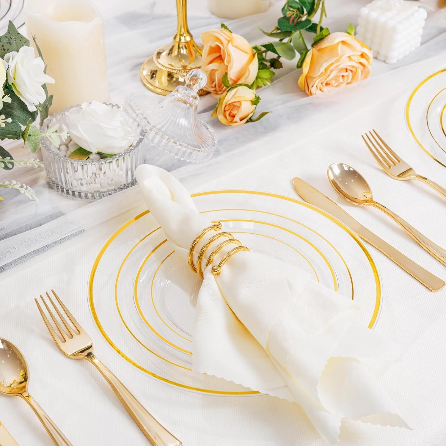 I00000 102 Pcs Clear Gold Plastic Plates - Disposable Party Plates, Gold Plates Disposable Include 51 Dinner Plates and 51 Dessert Plates, Plastic Plates for Party, Holiday, Wedding & Birthday