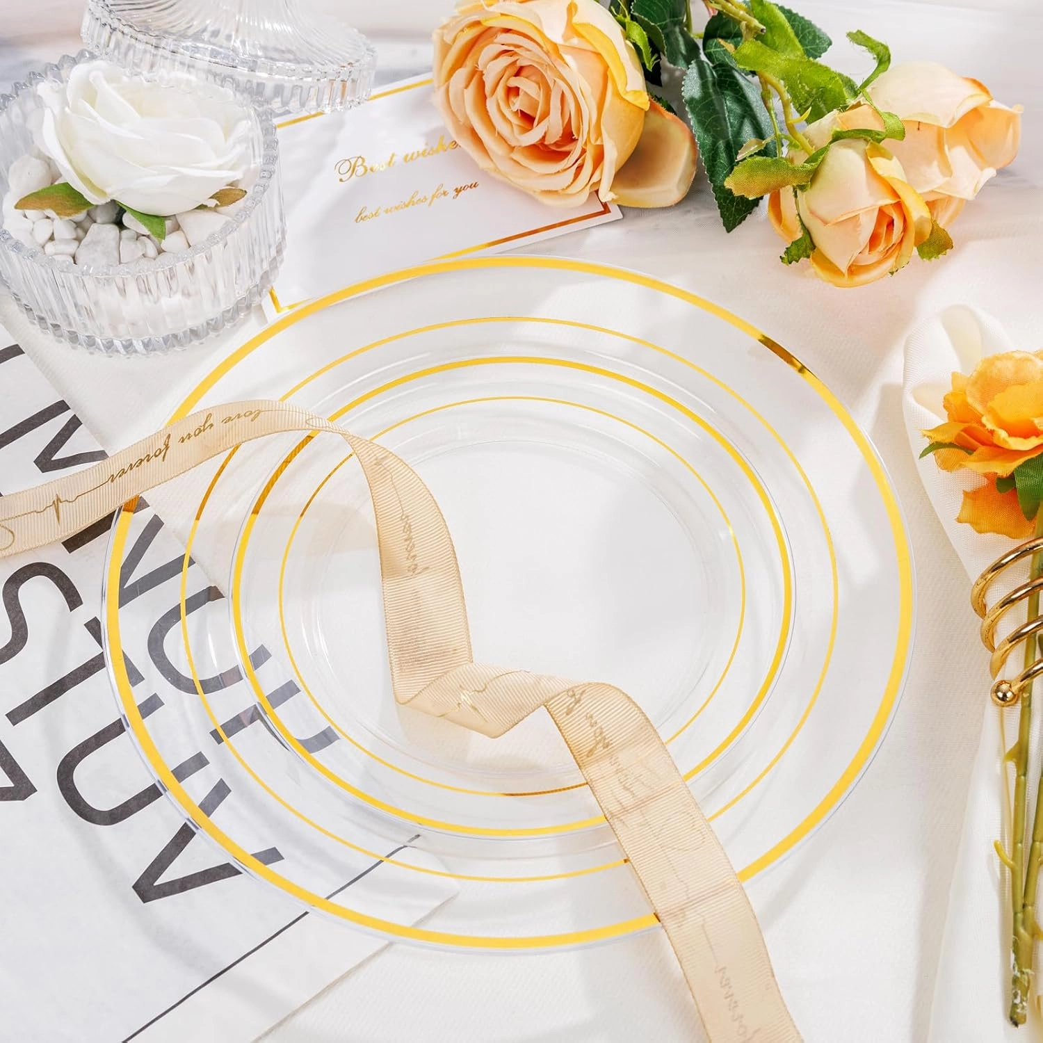 I00000 102 Pcs Clear Gold Plastic Plates - Disposable Party Plates, Gold Plates Disposable Include 51 Dinner Plates and 51 Dessert Plates, Plastic Plates for Party, Holiday, Wedding & Birthday