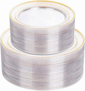 I00000 102 Pcs Clear Gold Plastic Plates - Disposable Party Plates, Gold Plates Disposable Include 51 Dinner Plates and 51 Dessert Plates, Plastic Plates for Party, Holiday, Wedding & Birthday