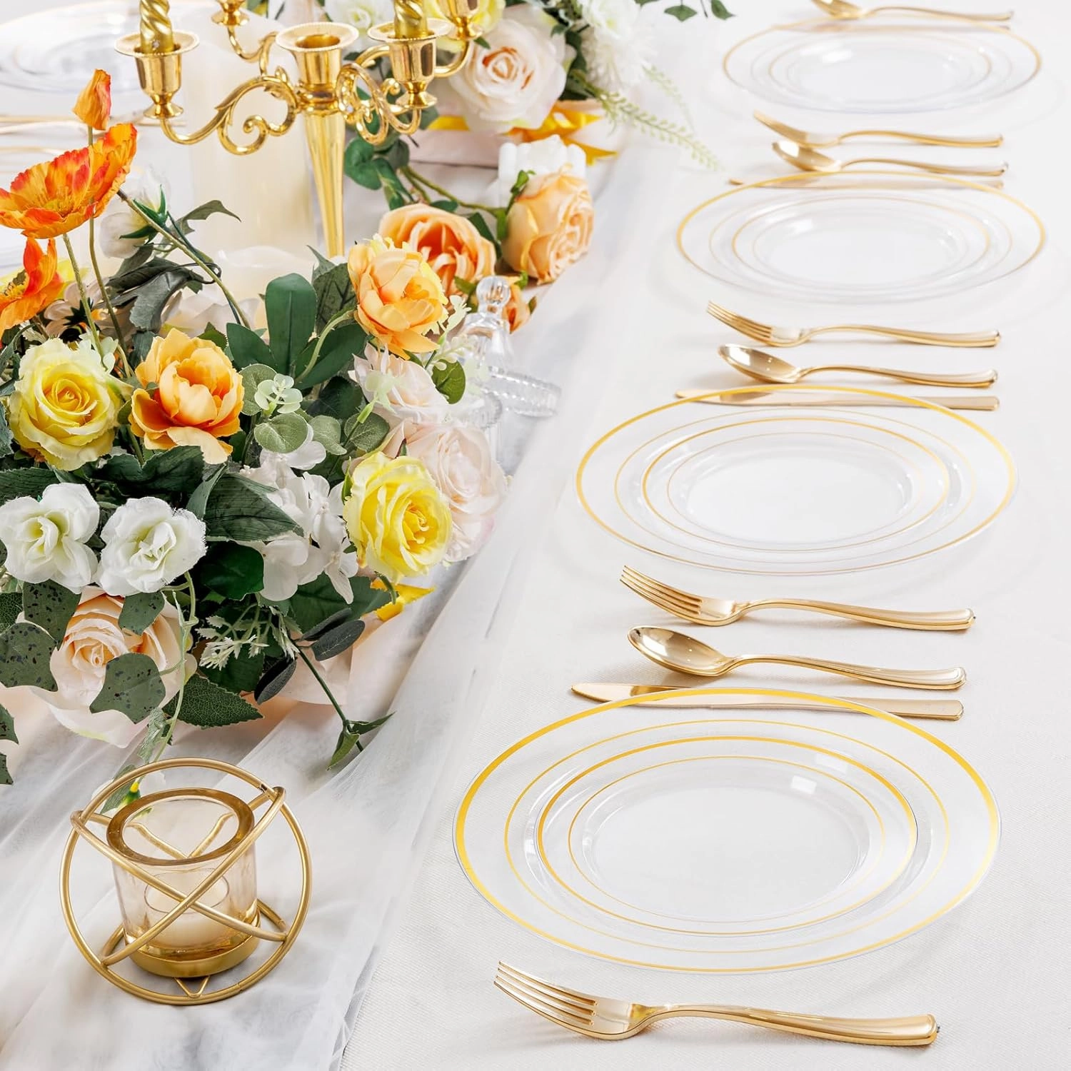 I00000 102 Pcs Clear Gold Plastic Plates - Disposable Party Plates, Gold Plates Disposable Include 51 Dinner Plates and 51 Dessert Plates, Plastic Plates for Party, Holiday, Wedding & Birthday