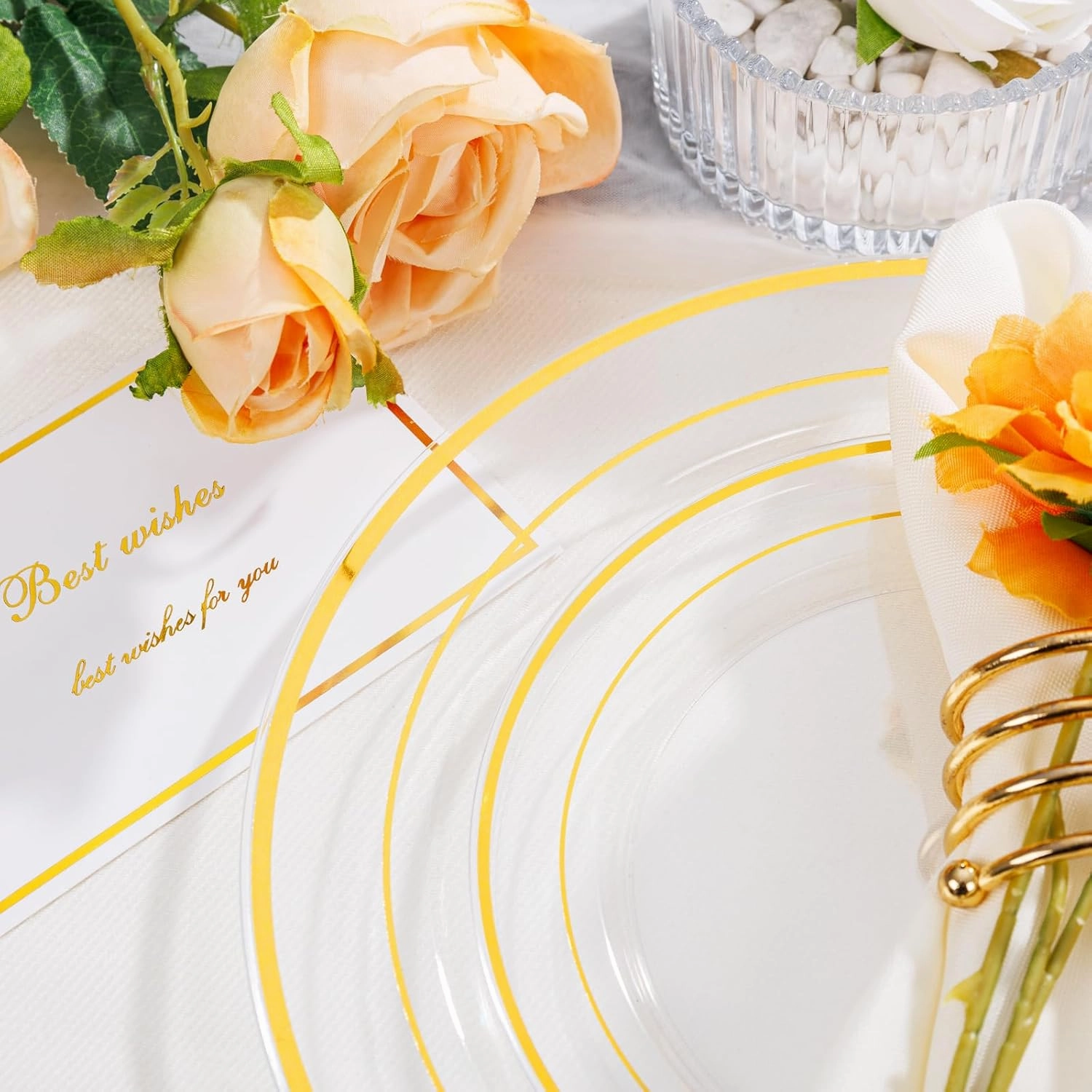 I00000 102 Pcs Clear Gold Plastic Plates - Disposable Party Plates, Gold Plates Disposable Include 51 Dinner Plates and 51 Dessert Plates, Plastic Plates for Party, Holiday, Wedding & Birthday