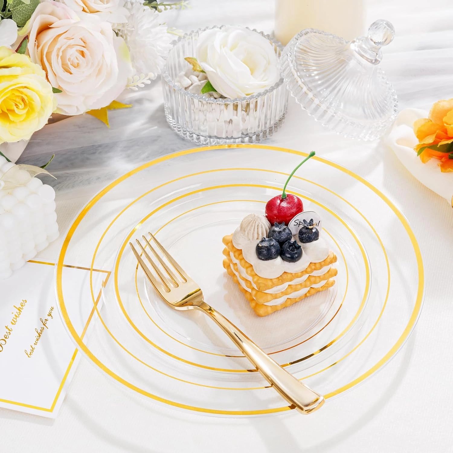 I00000 102 Pcs Clear Gold Plastic Plates - Disposable Party Plates, Gold Plates Disposable Include 51 Dinner Plates and 51 Dessert Plates, Plastic Plates for Party, Holiday, Wedding & Birthday