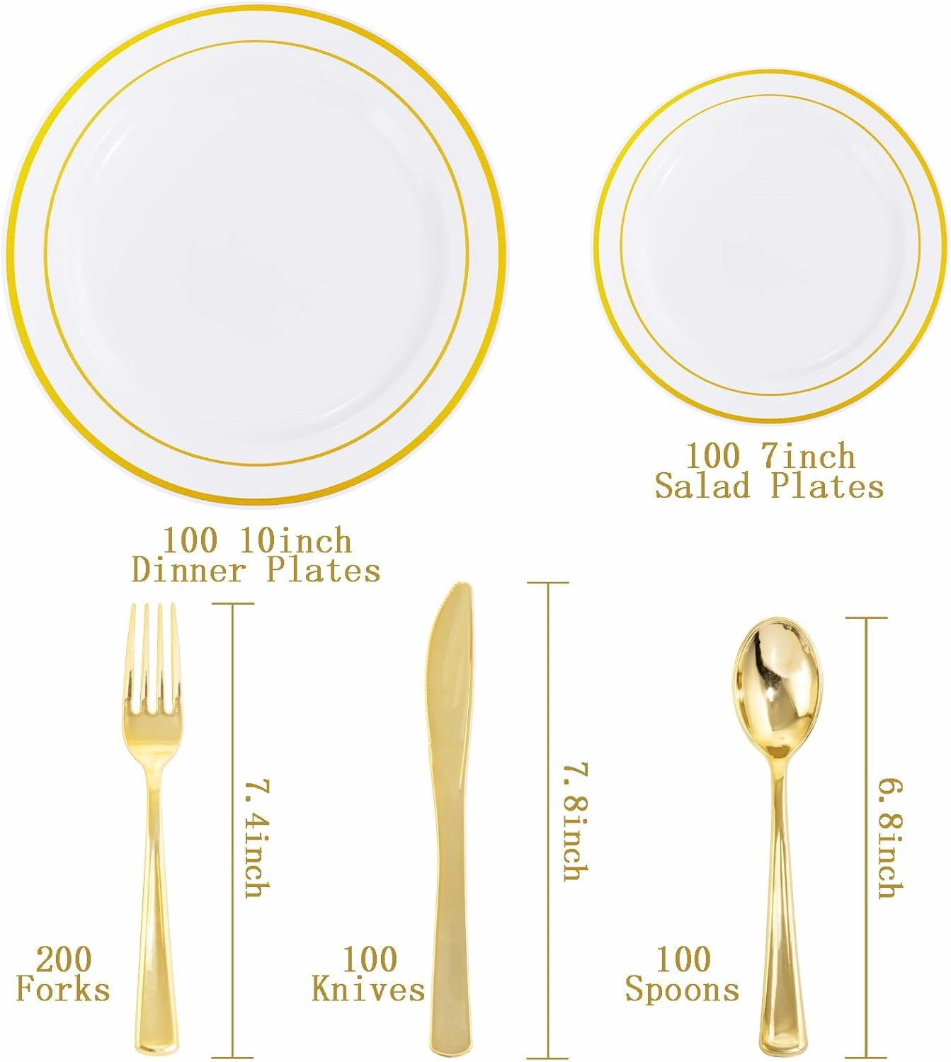 I00000 600 Pcs Gold Plastic Plates for 100 Guests.Disposable Plates for Party,Plastic Dinnerware Set of 100 Dinner Plates,100 Salad Plates,400 Gold Silverware Set(100 Spoons,100 Knives,200 Forks).