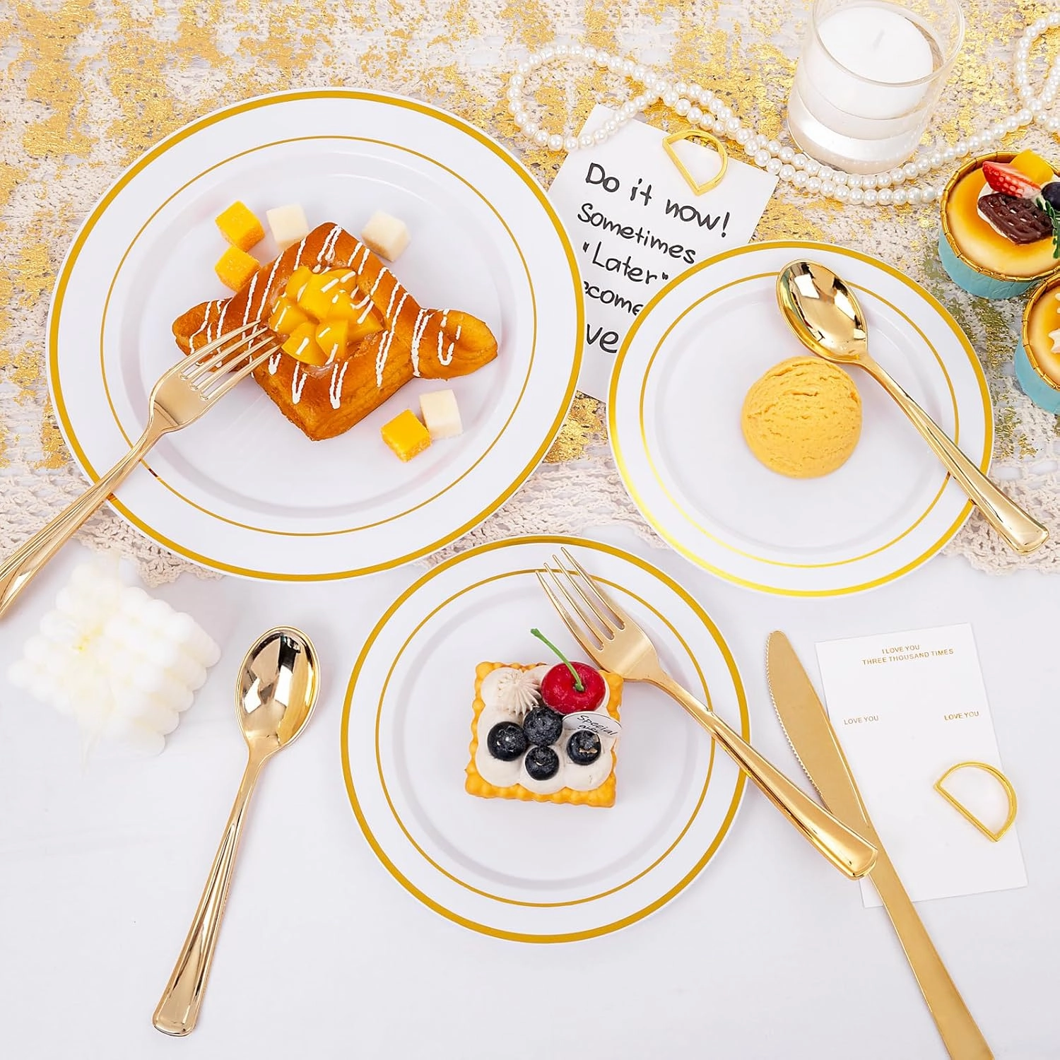 I00000 600 Pcs Gold Plastic Plates for 100 Guests.Disposable Plates for Party,Plastic Dinnerware Set of 100 Dinner Plates,100 Salad Plates,400 Gold Silverware Set(100 Spoons,100 Knives,200 Forks).