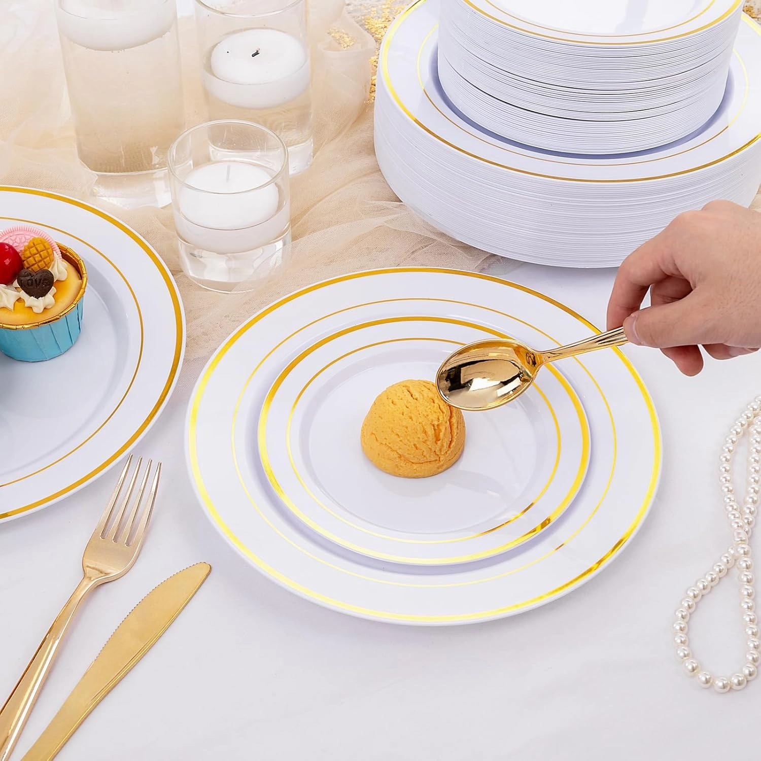 I00000 600 Pcs Gold Plastic Plates for 100 Guests.Disposable Plates for Party,Plastic Dinnerware Set of 100 Dinner Plates,100 Salad Plates,400 Gold Silverware Set(100 Spoons,100 Knives,200 Forks).