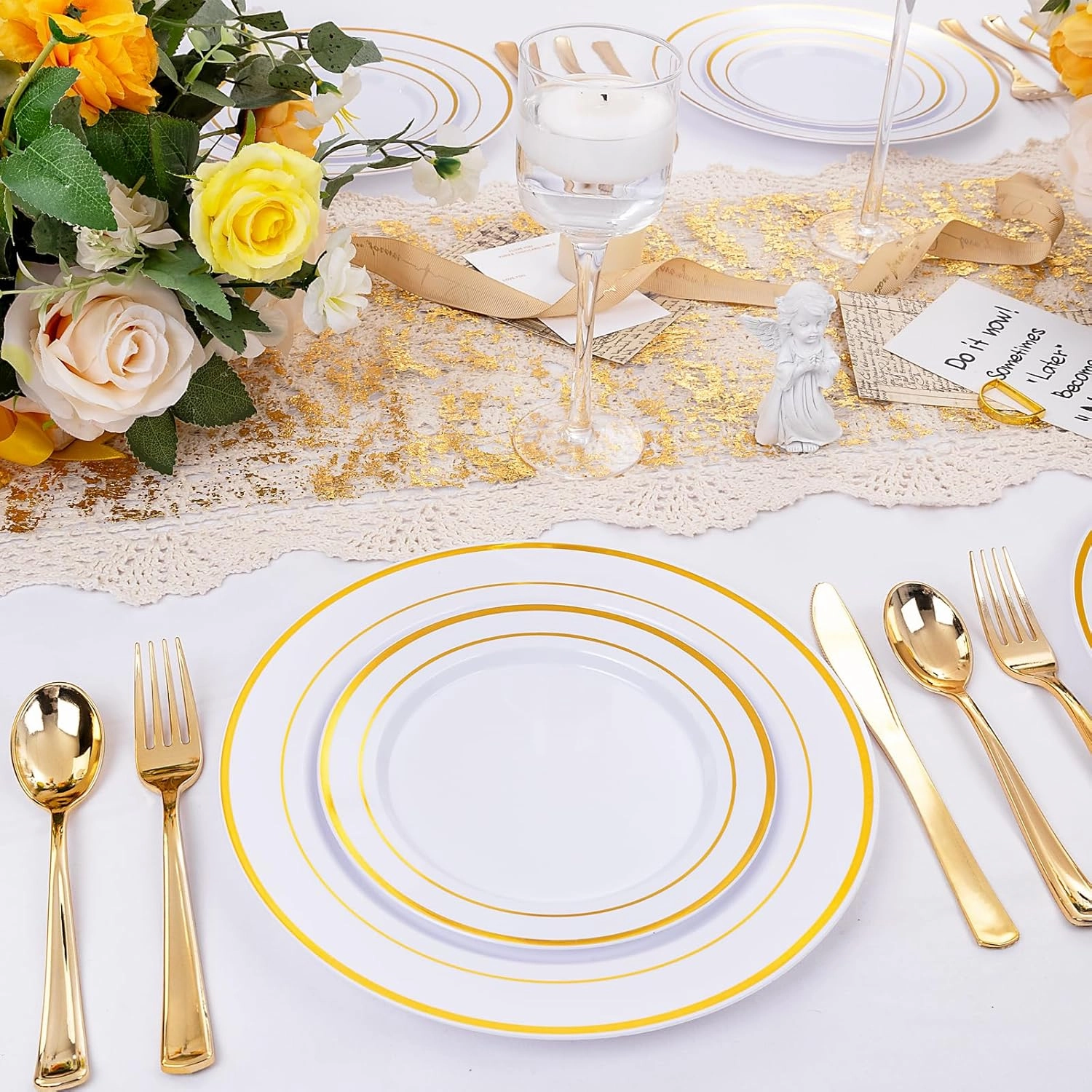I00000 600 Pcs Gold Plastic Plates for 100 Guests.Disposable Plates for Party,Plastic Dinnerware Set of 100 Dinner Plates,100 Salad Plates,400 Gold Silverware Set(100 Spoons,100 Knives,200 Forks).