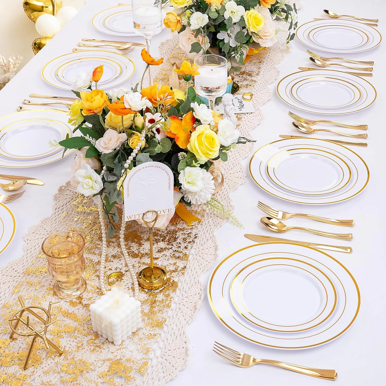 I00000 600 Pcs Gold Plastic Plates for 100 Guests.Disposable Plates for Party,Plastic Dinnerware Set of 100 Dinner Plates,100 Salad Plates,400 Gold Silverware Set(100 Spoons,100 Knives,200 Forks).