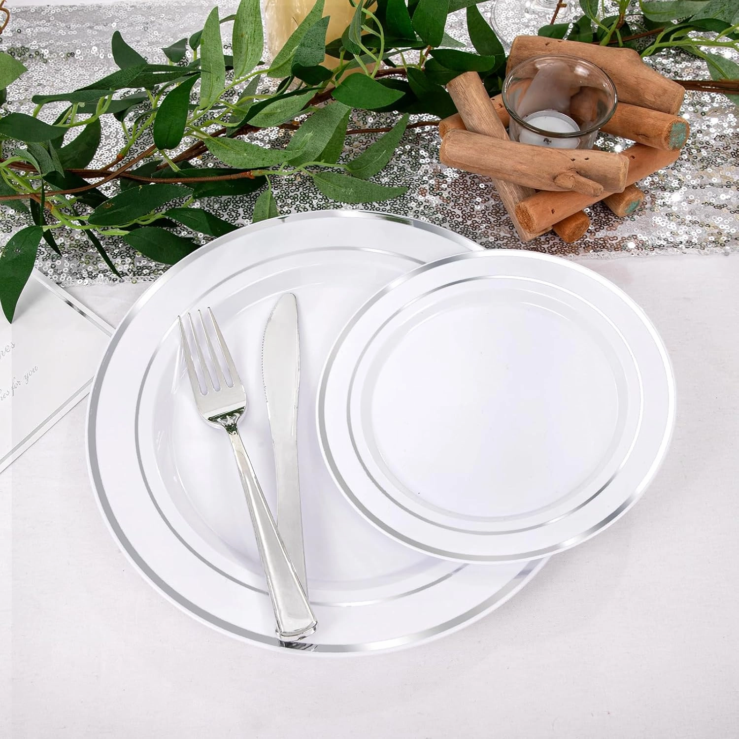 I00000 600pcs Silver Dinnerware Set for 100 Guests, Silver Plastic Plates Plastic Silverware Set of 100 Dinner Plates, 100 Salad Plates, 200 Forks, 100 Spoons,100 Knives for Party & Wedding
