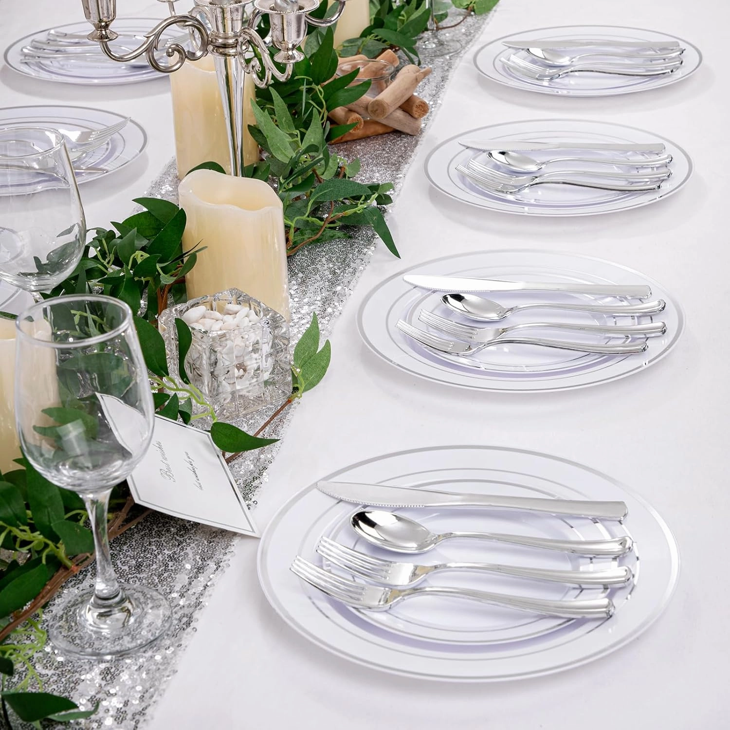 I00000 600pcs Silver Dinnerware Set for 100 Guests, Silver Plastic Plates Plastic Silverware Set of 100 Dinner Plates, 100 Salad Plates, 200 Forks, 100 Spoons,100 Knives for Party & Wedding