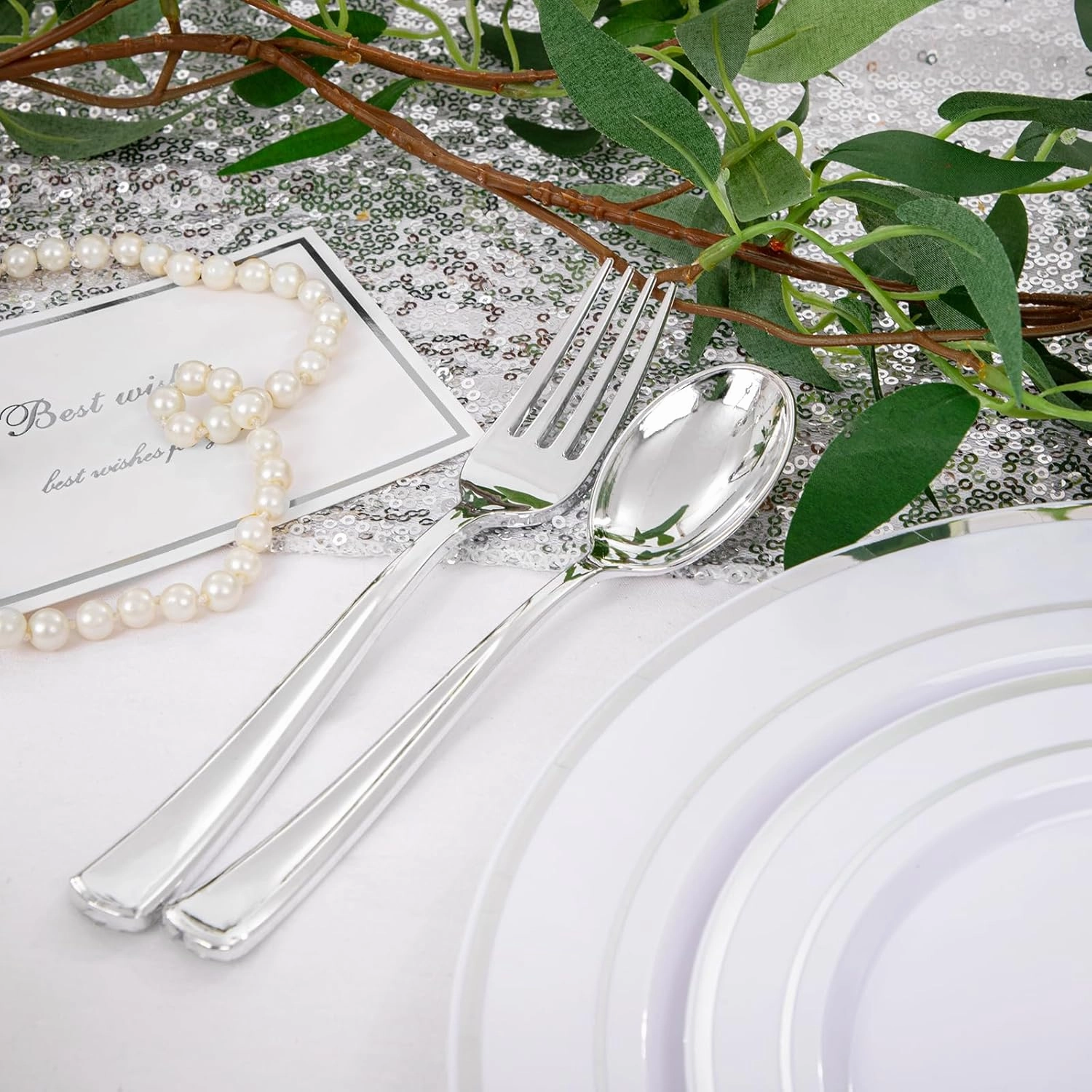 I00000 600pcs Silver Dinnerware Set for 100 Guests, Silver Plastic Plates Plastic Silverware Set of 100 Dinner Plates, 100 Salad Plates, 200 Forks, 100 Spoons,100 Knives for Party & Wedding