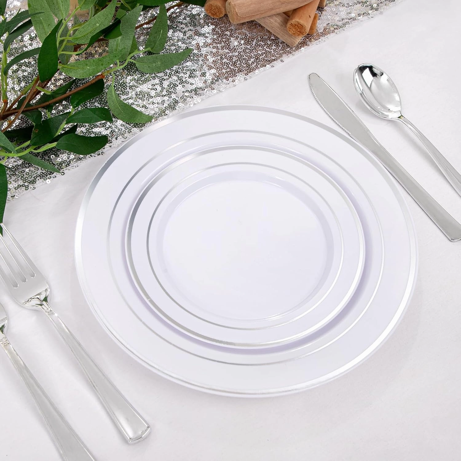 I00000 600pcs Silver Dinnerware Set for 100 Guests, Silver Plastic Plates Plastic Silverware Set of 100 Dinner Plates, 100 Salad Plates, 200 Forks, 100 Spoons,100 Knives for Party & Wedding