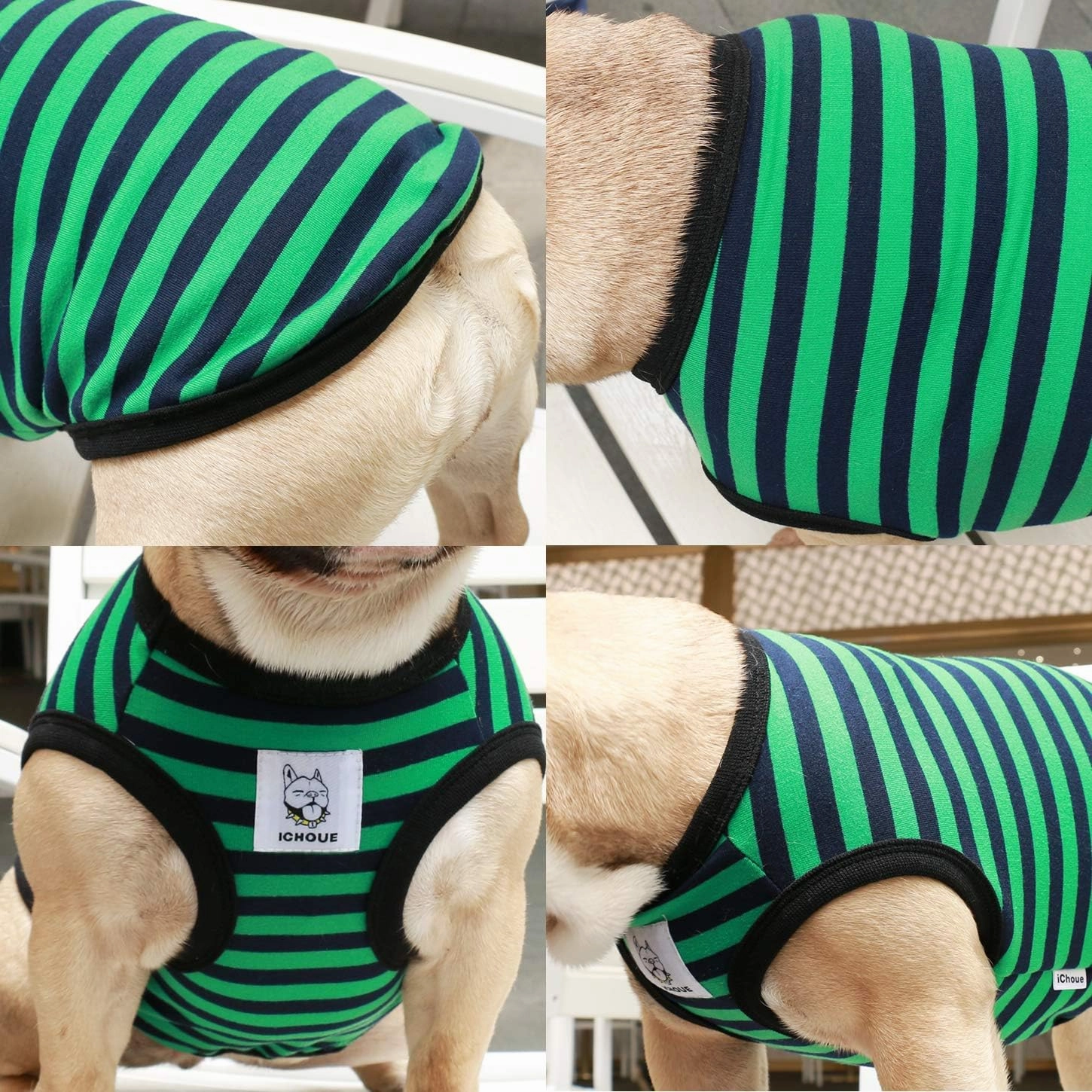 iChoue 3pcs French Bulldog Striped Shirts 100% Breathable Cotton Tank Tops Vests Clothes for Frenchie Dogs, Black Green Red Stripes, Medium