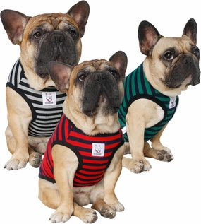 iChoue 3pcs French Bulldog Striped Shirts 100% Breathable Cotton Tank Tops Vests Clothes for Frenchie Dogs, Black Green Red Stripes, Medium