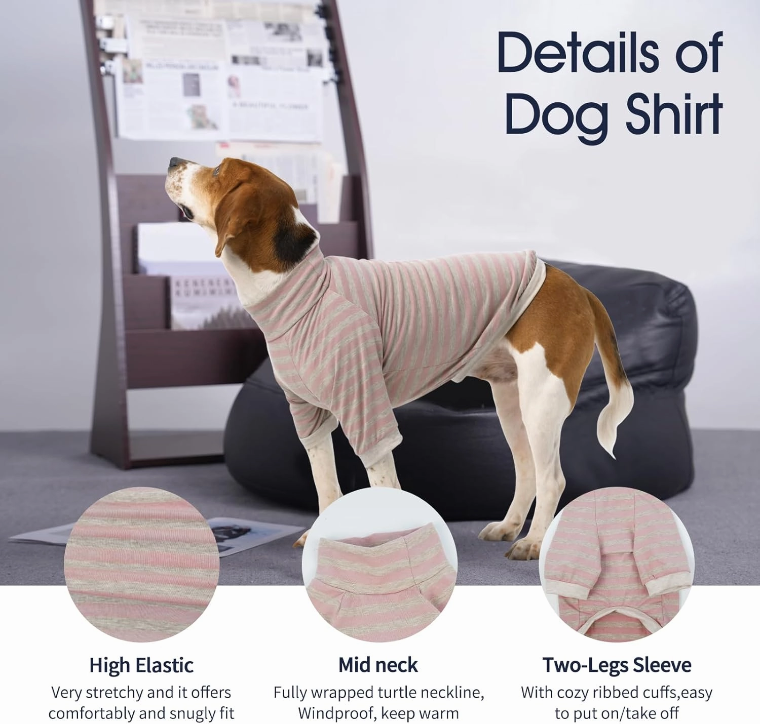 IECOii 2 Packs|4XLarge|High Neck Breathable Dog Pullover Shirt with Sleeve|Quick Dry Daily Wear|Soft Pjs Homewear,Pet Top Underwear|Full Belly Coverage Sweatshirt Great Dane,Pink Stripe Apricot