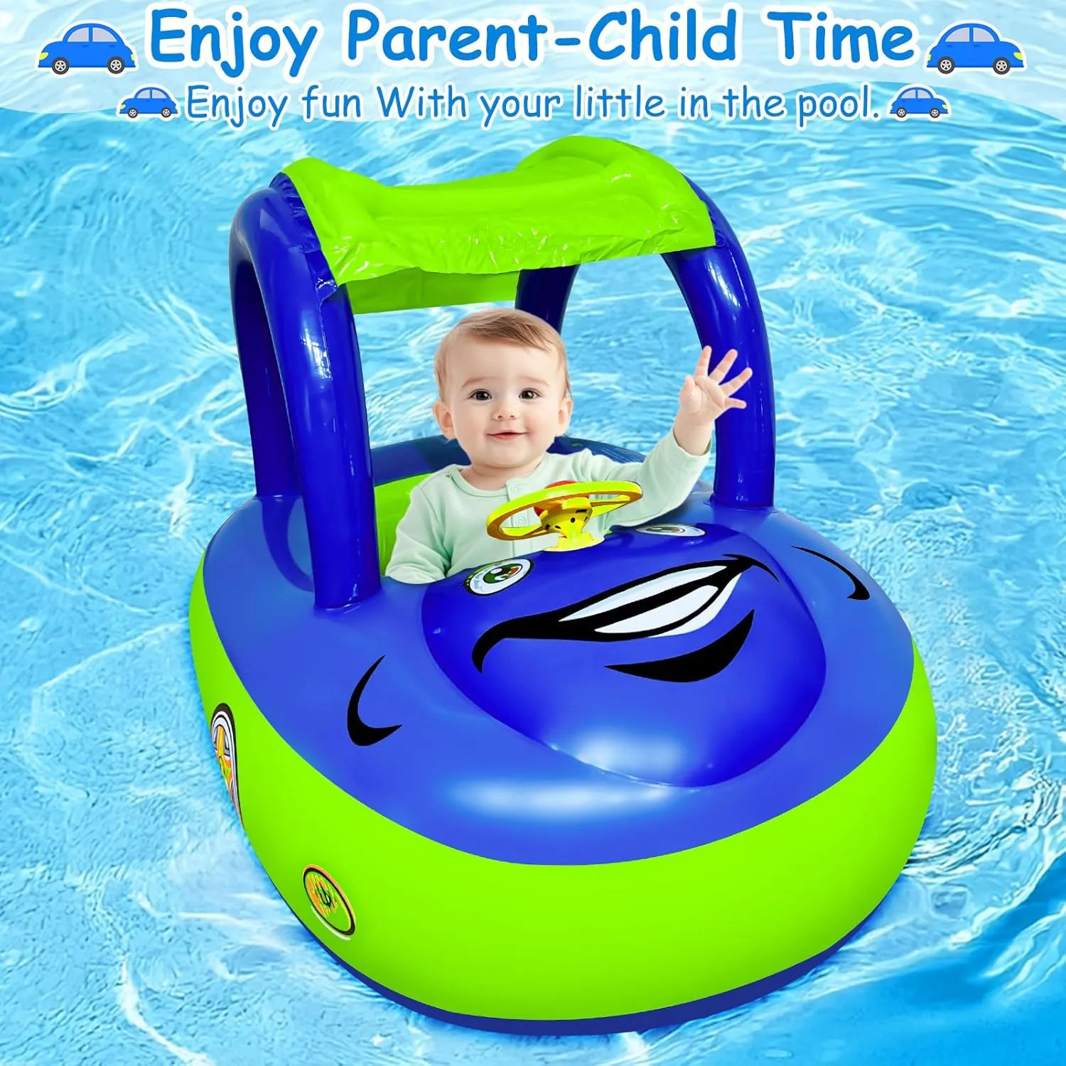 iGeeKid Inflatable Baby Pool Float with Canopy, Safty Seat for Infant Baby Swim Float Rings Car Shaped Swimming Pool Floaties for Babies Toddler Age of 6-36 Months (Blue)